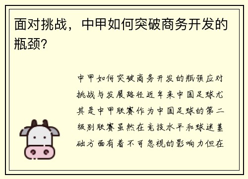 面对挑战，中甲如何突破商务开发的瓶颈？